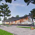 Modern Curved Glass Building Featuring Wooden Structure Trees Pathway People Walking And Bicyclist