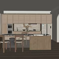 Modern Restaurant Interior With Open Kitchen Wooden Cabinets Island Chairs And Refrigerator
