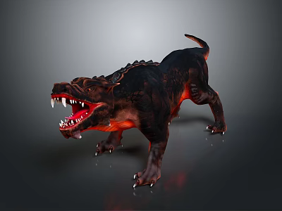 Mythical Fiery Dog Character With Sharp Fangs And Glowing Red Aggressive Stance 3d model