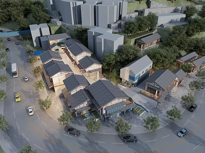 Urban Commercial Street With Traditional Sloped Roofs Modern Buildings Trees Roads And Vehicles 3d model