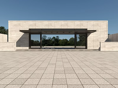Modern Stone Entrance Gate With Glass Panels And Plaza Floor Design 3d model