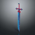 3D Rendered Medieval Sword With Blue Blade Red Accents And Cross Shaped Hilt