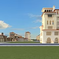Modern Residential Buildings With Clock Tower Red Roof Waterfront Green Lawn And Stone Railings