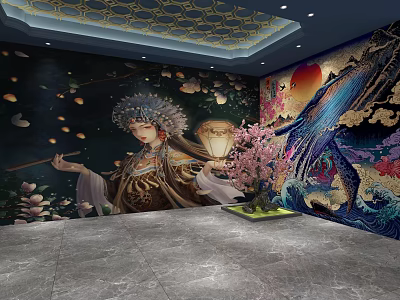 Elegant Hotel Mahjong Room Interior With Traditional Chinese Mural And Ambient Lighting 3d model