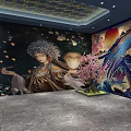 Elegant Hotel Mahjong Room Interior With Traditional Chinese Mural And Ambient Lighting