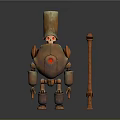 Mechanical Robot Character With Red Orb And Wooden Head Next To Staff