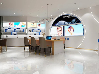 Modern Eyewear Specialty Store Interior With Display Screens Counter And Seating Area 3d model