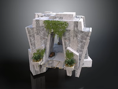 Irregular Stone Architectural Structure With Central Doorway Green Vines And Potted Plants 3d model