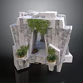 Irregular Stone Architectural Structure With Central Doorway Green Vines And Potted Plants