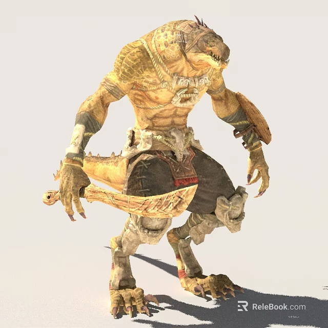 Lizard Warrior Creature with Yellowish Skin Patterns Holding Large Sword and Bone Decorated Gear 3d model