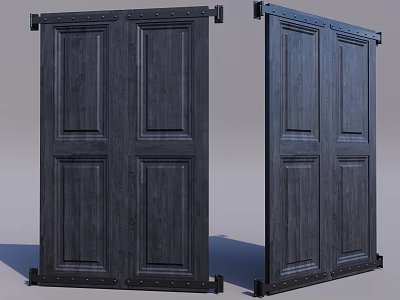 Sturdy Wooden Double Doors With Industrial Metal Frames And Rivet Details 3d model