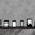 Various Modern Outdoor Lights With Different Designs On Stone Floor Against Concrete Wall