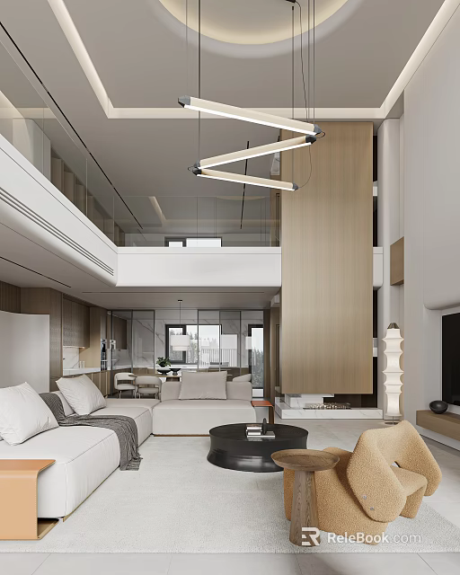 Modern Bright Open Plan Living And Dining Room With Warm Wood Accent Minimalist Interior Design 3d model 