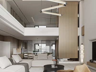 Modern Bright Open Plan Living And Dining Room With Warm Wood Accent Minimalist Interior Design 3d model