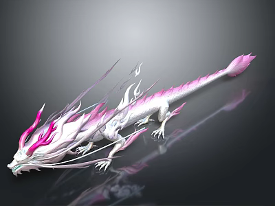 Pink and White Dragon with Pink Horns Tail Elegant Design Decorative Ribbons Black Background Reflection 3d model
