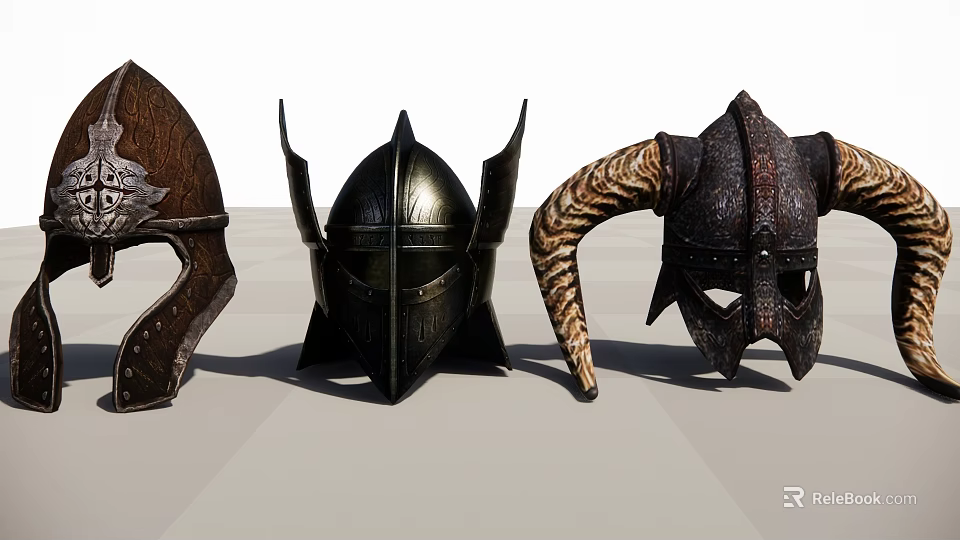 Three Vintage Medieval Metal Helmets With Horns And Detailed Textures 3d model