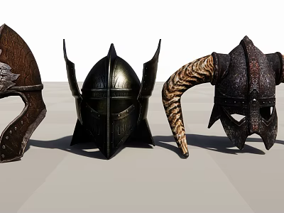 Three Vintage Medieval Metal Helmets With Horns And Detailed Textures 3d model