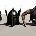 Three Vintage Medieval Metal Helmets With Horns And Detailed Textures 3d model