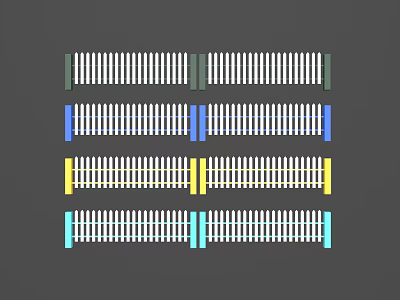 Colorful White Picket Fence Designs With Green Blue Yellow And Light Blue Posts 3d model