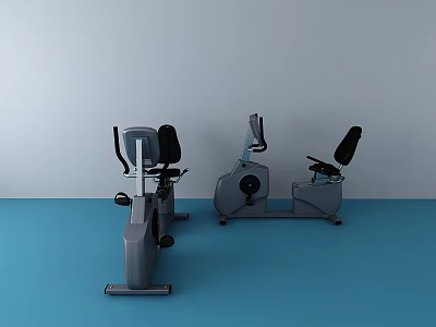 Modern Exercise Bikes in Indoor Fitness Area with Blue Floor and White Walls 3d model