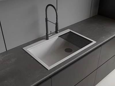 Modern Kitchen Sink With Black Curved Faucet Stainless Steel On Dark Countertop And Drainage Grill 3d model