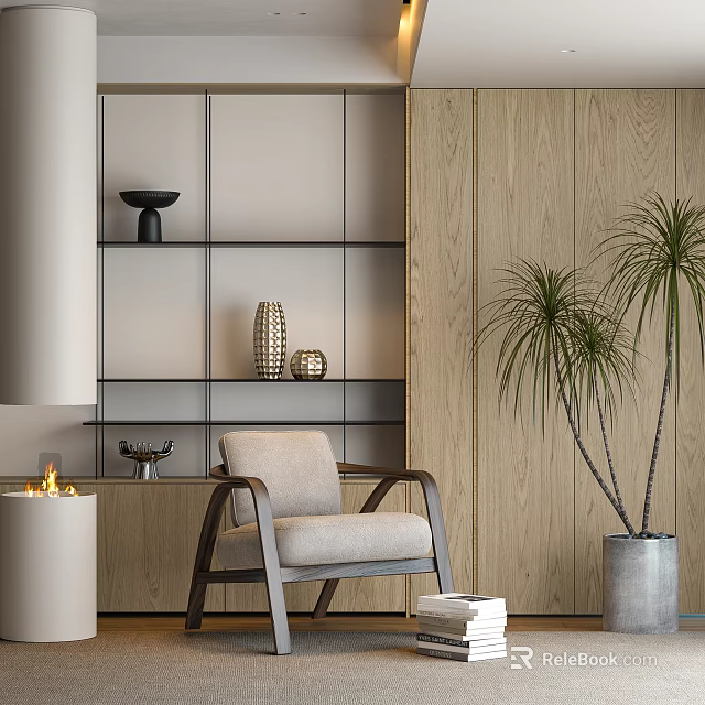Accent Chair In Modern Room With Wooden Wall Fireplace Shelving Decor And Tall Green Plant 3d model 