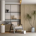 Accent Chair In Modern Room With Wooden Wall Fireplace Shelving Decor And Tall Green Plant