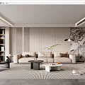 Modern Living Room With Beige Sofa Black Armchair Coffee Table Floor Lamp And Striped Rug