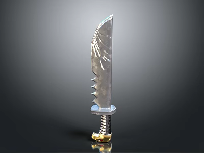 Serrated Metal Knife With Decorative Blade And Golden Screw Handle Design 3d model