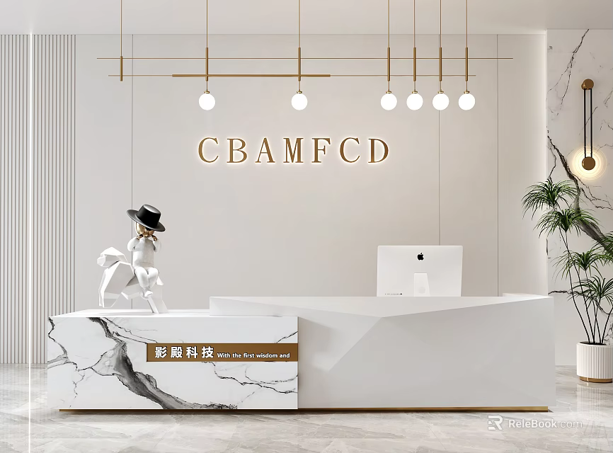 Modern Reception Desk with White Design Marble Countertop Hanging Lights Computer and Potted Plant 3d model 