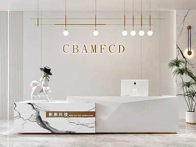 Modern Reception Desk with White Design Marble Countertop Hanging Lights Computer and Potted Plant 3d model