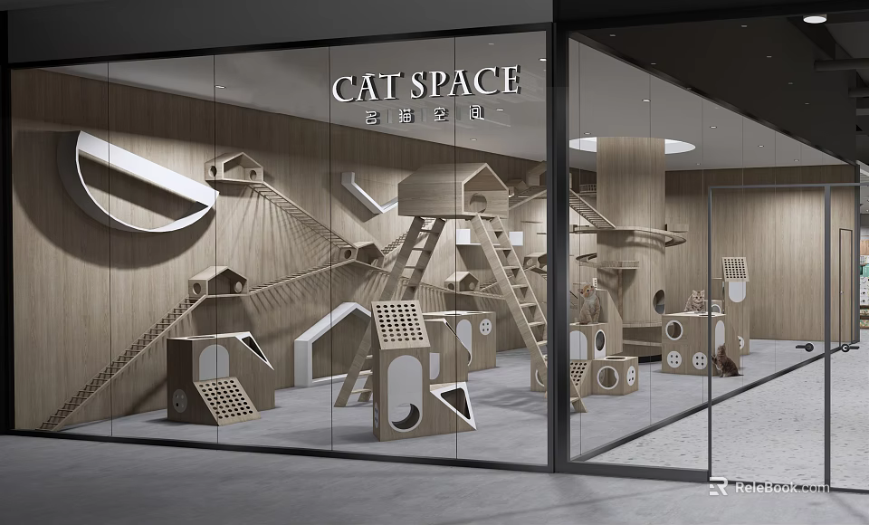 Modern Cat Space Mall Store Featuring Wooden Cat Play Structures And Climbing Areas 3d model 