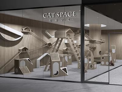 Modern Cat Space Mall Store Featuring Wooden Cat Play Structures And Climbing Areas 3d model