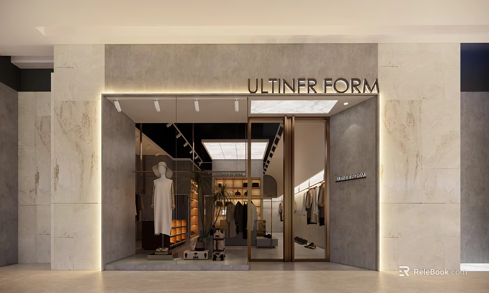 Modern Clothing Store Facade With Glass Door Window Display Mannequin Clothing Shoes And Stone Wall 3d model 