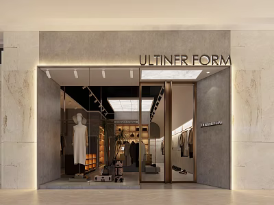 Modern Clothing Store Facade With Glass Door Window Display Mannequin Clothing Shoes And Stone Wall 3d model