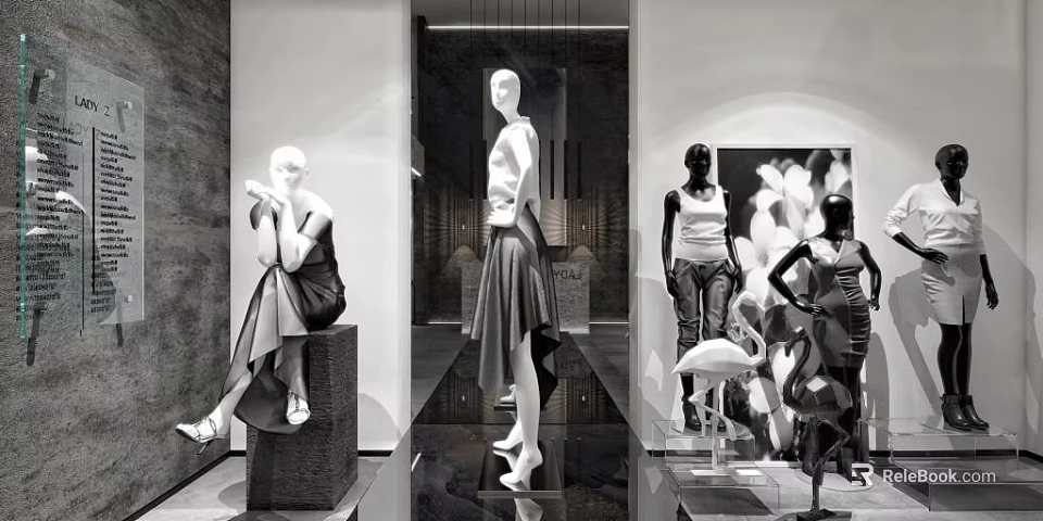 Mannequins In Various Poses Sitting And Standing With Fashionable Outfits In Indoor Display Area 3d model 
