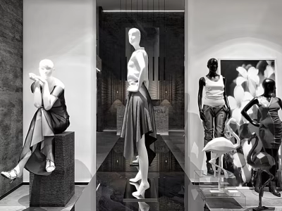 Mannequins In Various Poses Sitting And Standing With Fashionable Outfits In Indoor Display Area 3d model