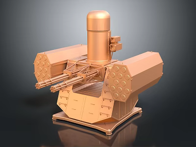 Copper Colored Multiple Barrel Naval Defense Weapon With Cylindrical Component And Stable Base 3d model