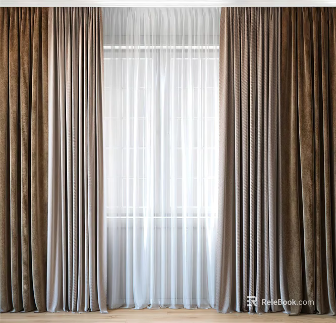 Brown Thick Curtains And White Sheer Curtains With Natural Light By Window 3d model 