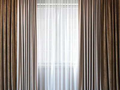 Brown Thick Curtains And White Sheer Curtains With Natural Light By Window 3d model