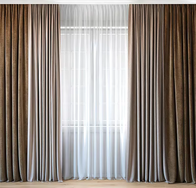 Brown Thick Curtains And White Sheer Curtains With Natural Light By Window 3d model