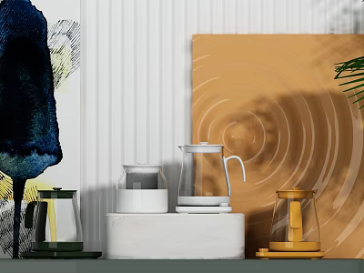 Modern Glass Electric Kettles in White and Yellow on Kitchen Countertop with Wall Decor 3d model