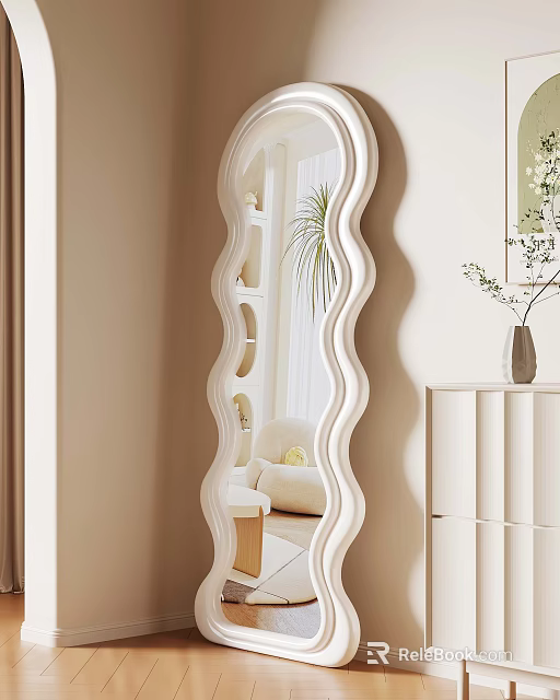 Stylish Wave Shaped Mirror In Light Beige Room With White Cabinet And Potted Plant 3d model 