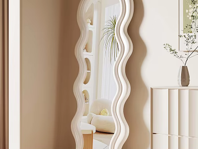 Stylish Wave Shaped Mirror In Light Beige Room With White Cabinet And Potted Plant 3d model