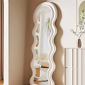 Stylish Wave Shaped Mirror In Light Beige Room With White Cabinet And Potted Plant