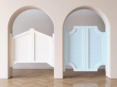 Arched Doorways With White And Light Blue Shutter Doors On Herringbone Wooden Floor 3d model