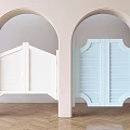 Arched Doorways With White And Light Blue Shutter Doors On Herringbone Wooden Floor