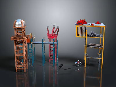 Industrial Scaffolding Structure With Red Tools Yellow Tool Shelf And Metal Workbench 3d model
