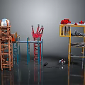 Industrial Scaffolding Structure With Red Tools Yellow Tool Shelf And Metal Workbench