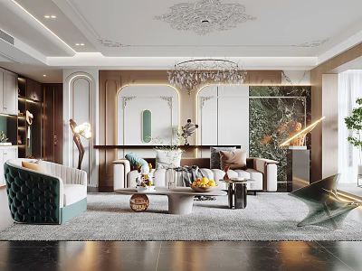 Elegant Modern Living Room Interior With Sofa Coffee Table Chandelier Rug And Green Plant 3d model
